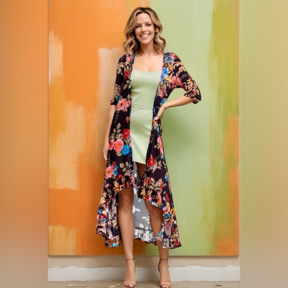 NEW Johnny Was Black Floral Long Kimono Duster Wrap Cover Up